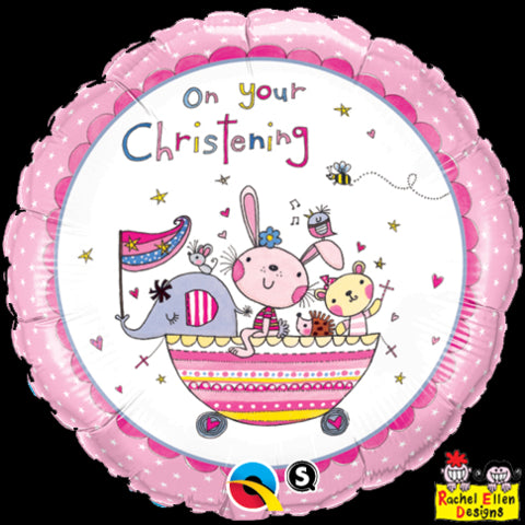 18" ROUND FOIL RACHEL ELLEN ON YOUR CHRISTENING PINK